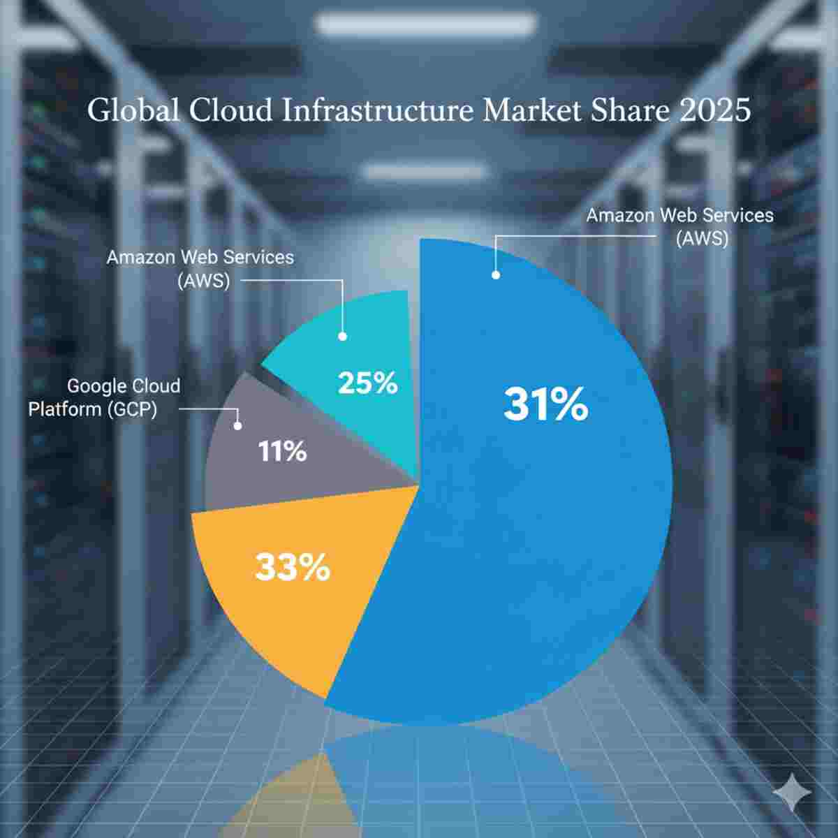 نمودار دایرهای سهم بازار ارائهدهندگان رایانش ابری در سال 2025، شامل AWS با 31%، Azure با 25%، GCP با 11% و "سایرین" با 33% سهم.