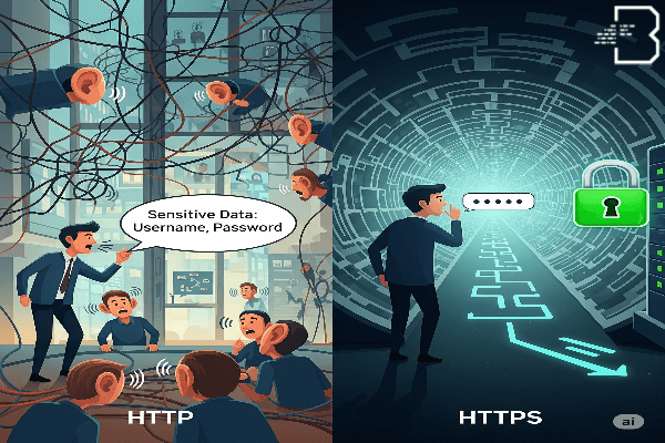 مقایسه تصویری HTTP و HTTPS. در سمت چپ (HTTP)، شخصی اطلاعات حساس را در یک فضای عمومی و ناامن فریاد می&zwnj;زند که همه آن را می&zwnj;شنوند. در سمت راست (HTTPS)، همان شخص اطلاعات را در یک تونل رمزنگاری&zwnj;شده امن به سرور زمزمه می&zwnj;کند.